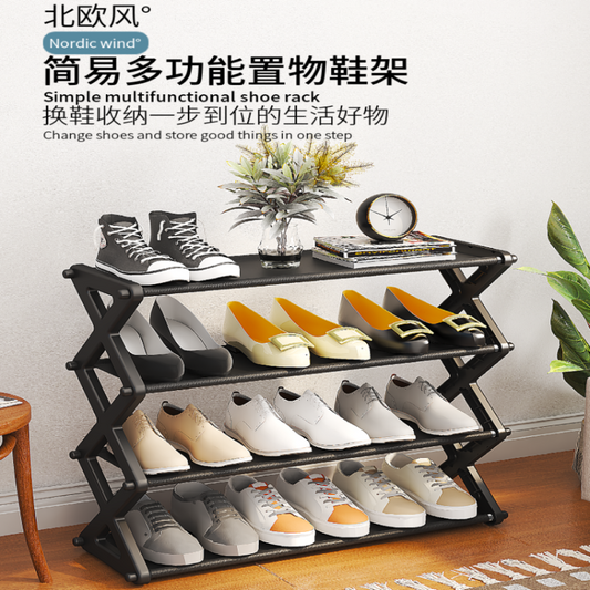 4 Layer Nordic Style X Design Shoe Shelf Rack Black Tool-free assembly
