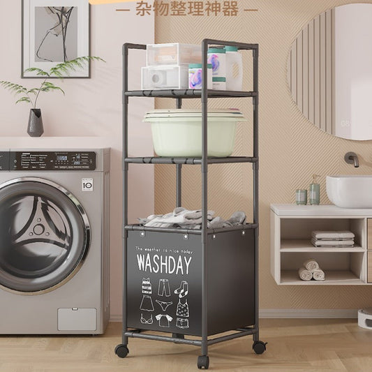 3 Layer (2 Layer Shelf + 1 Layer Basket) Dirty Clothes Hamper / Basket -With Roller and Handle Tool Free Assembly