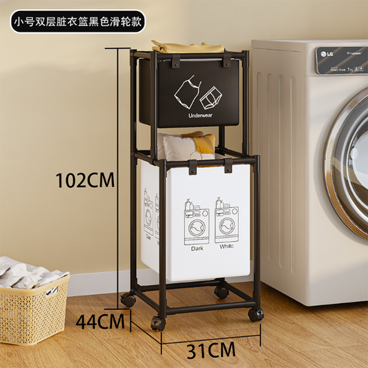 2 Layer Small Dirty Clothes Hamper / Basket With Roller Tool Free Assembly