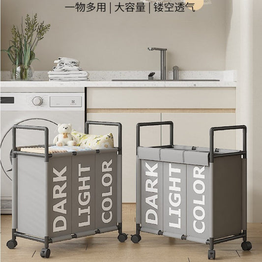 3 Compartment Dirty Clothes Hamper / Basket With Roller No Handle Tool Free Assembly