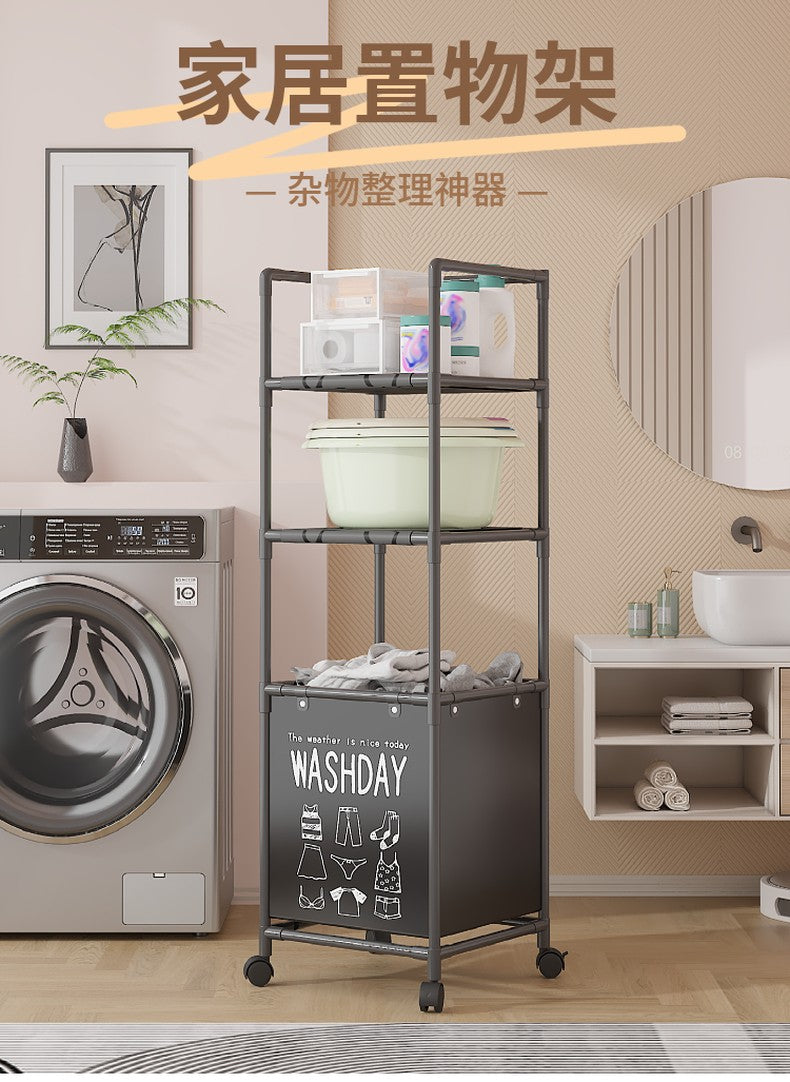 3 Layer (2 Layer Shelf + 1 Layer Basket) Dirty Clothes Hamper / Basket -With Roller and Handle Tool Free Assembly