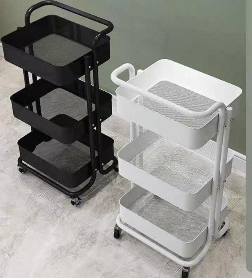 Heavy Duty 3 Tier Fully Carbon Steel Storage Basket Trolley With Smooth-Rolling Wheels, Lock And Handle