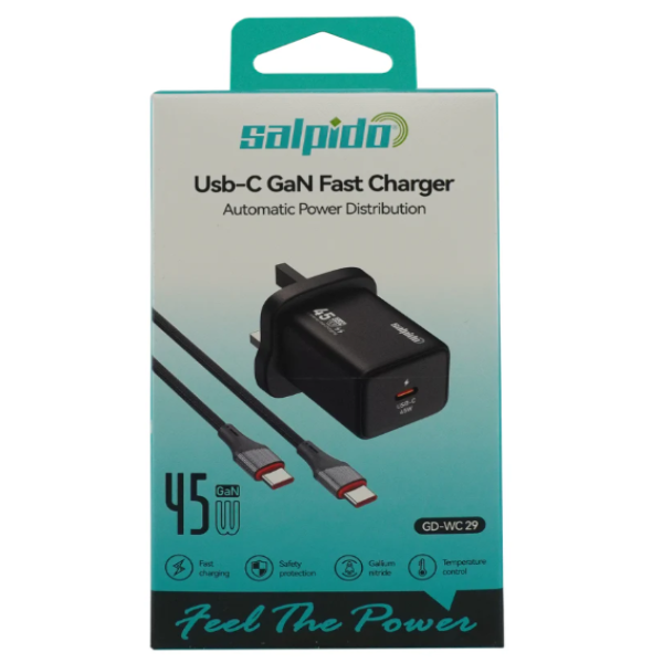 Salpido 45W USBC GaN Fast Charger With USBC 1M Charge & Sync Cable 1 Year Warranty