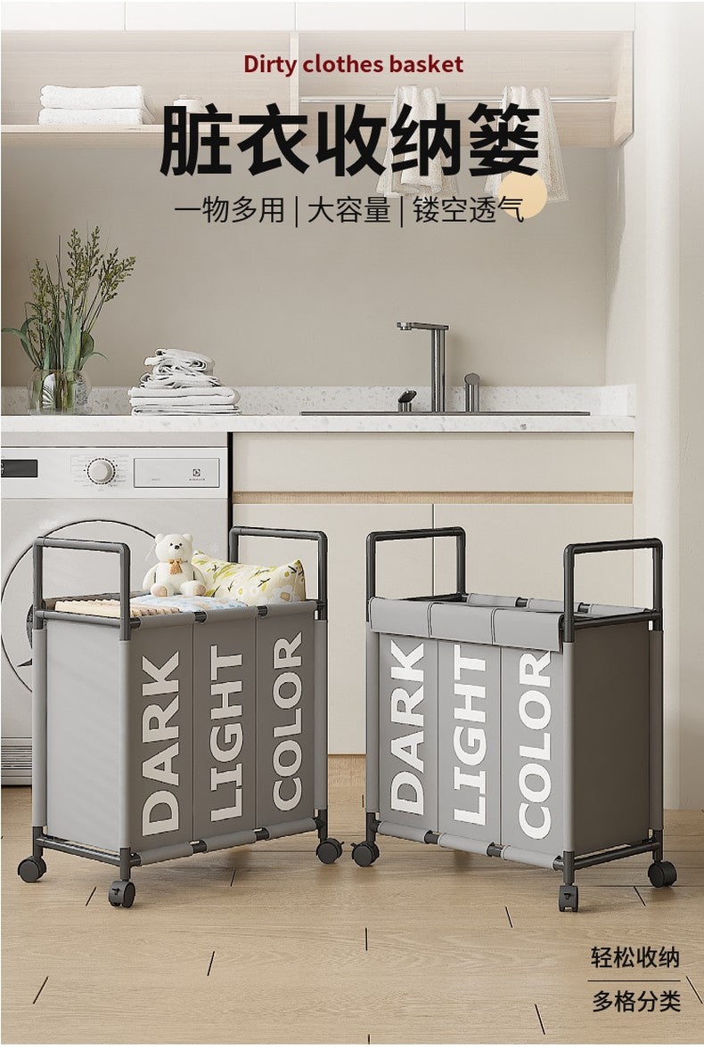 3 Compartment Dirty Clothes Hamper / Basket With Roller No Handle Tool Free Assembly