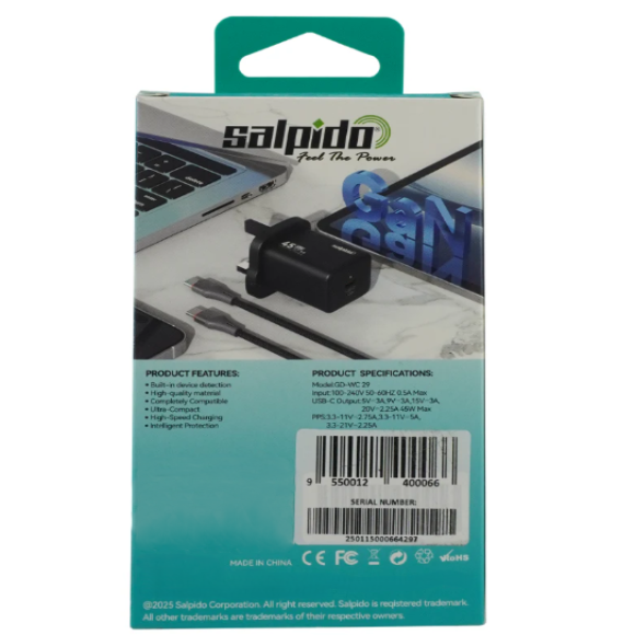 Salpido 45W USBC GaN Fast Charger With USBC 1M Charge & Sync Cable 1 Year Warranty