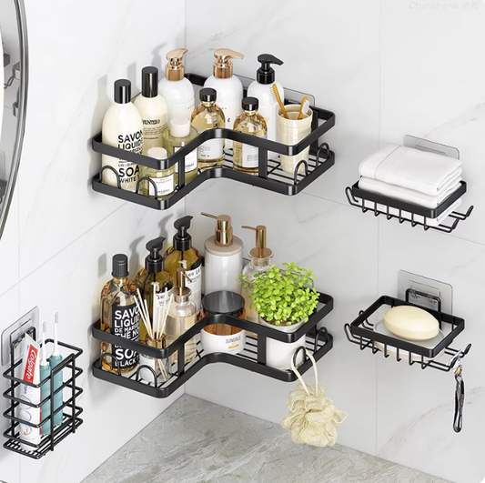 Screwless 5 in 1 Bolded Full Carbon Steel Triangular Corner Rack Utensil Rack Soap Rack Hand Towel Rack