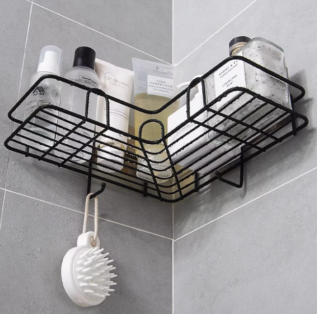 Bolded Triangular Corner Wall-Mounted Screwless Storage Basket With Hook 110
