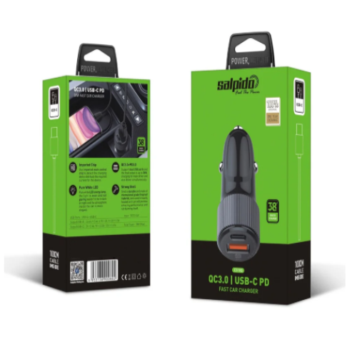 Salpido 38W Car Charger QC3.0 +PD3.0 Dual USB Fast Charger With USB TO USBC 1M Cable 1 Year Warranty