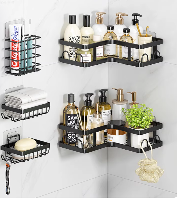 Screwless 5 in 1 Bolded Full Carbon Steel Triangular Corner Rack Utensil Rack Soap Rack Hand Towel Rack