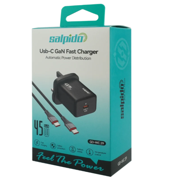 Salpido 45W USBC GaN Fast Charger With USBC 1M Charge & Sync Cable 1 Year Warranty