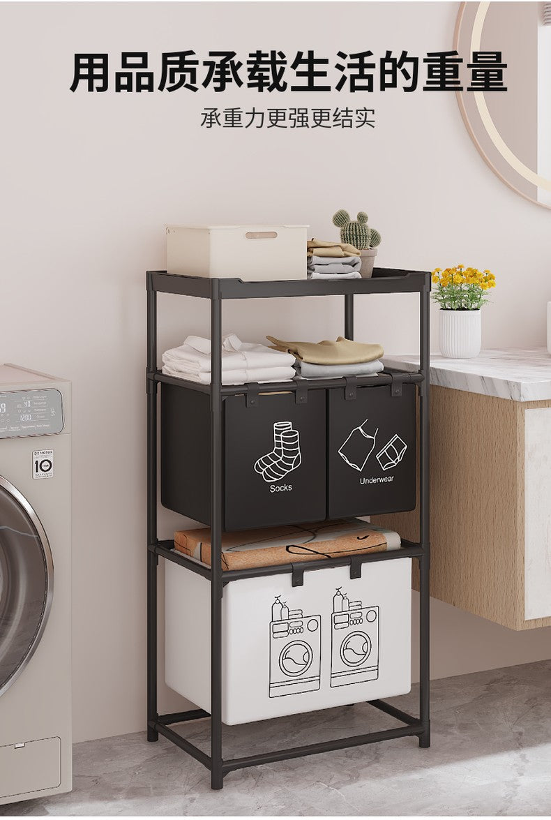 3 Layer (1 Layer Shelf +1 Layer 2 Small Basket +1 Layer Big Basket) Dirty Clothes Hamper / Basket With Roller Tool Free Assembly