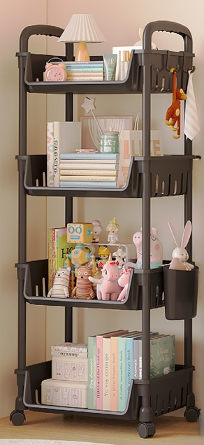 4 Layer Tool Free Assembly Multifunction One Side Open Shelves / Basket With Roller And Handle