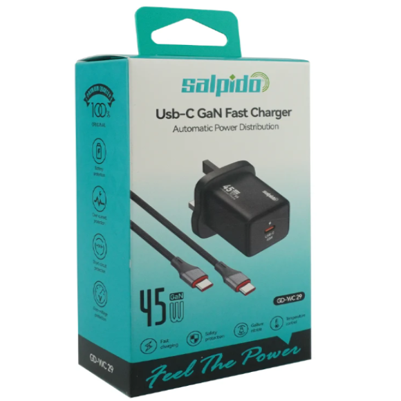 Salpido 45W USBC GaN Fast Charger With USBC 1M Charge & Sync Cable 1 Year Warranty