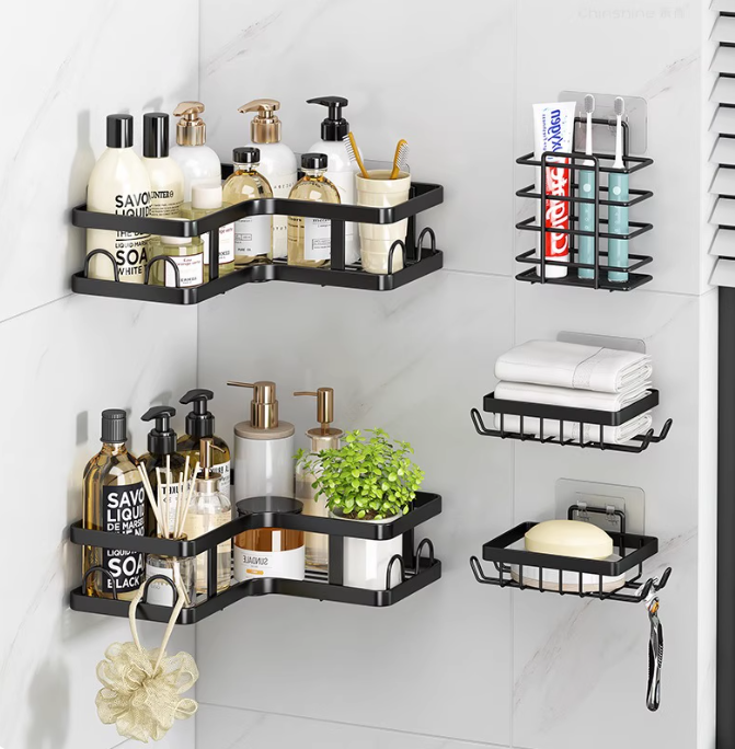 Screwless 5 in 1 Bolded Full Carbon Steel Triangular Corner Rack Utensil Rack Soap Rack Hand Towel Rack
