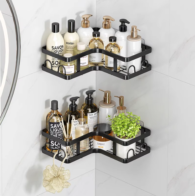Screwless 5 in 1 Bolded Full Carbon Steel Triangular Corner Rack Utensil Rack Soap Rack Hand Towel Rack