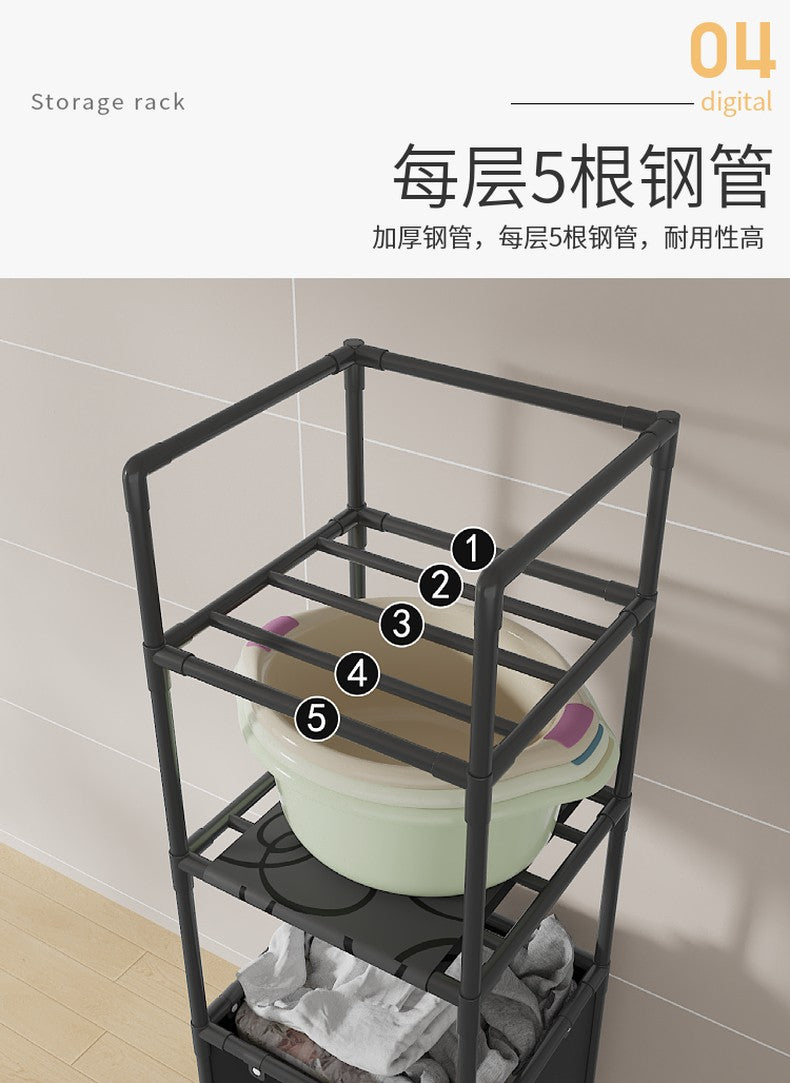3 Layer (2 Layer Shelf + 1 Layer Basket) Dirty Clothes Hamper / Basket -With Roller and Handle Tool Free Assembly