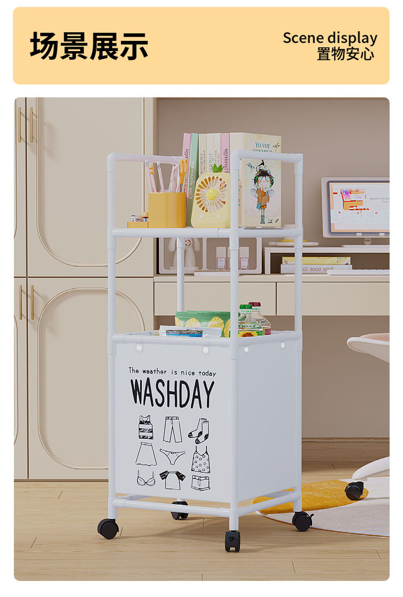 3 Layer (2 Layer Shelf + 1 Layer Basket) Dirty Clothes Hamper / Basket -With Roller and Handle Tool Free Assembly