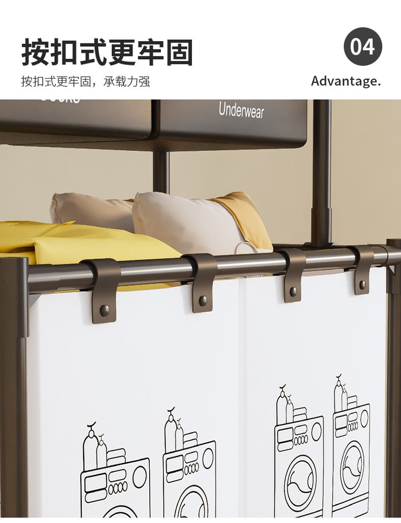 3 Layer (1 Layer Shelf +1 Layer 2 Small Basket +1 Layer Big Basket) Dirty Clothes Hamper / Basket With Roller Tool Free Assembly