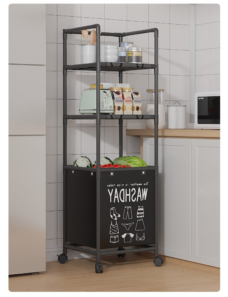 3 Layer (2 Layer Shelf + 1 Layer Basket) Dirty Clothes Hamper / Basket -With Roller and Handle Tool Free Assembly