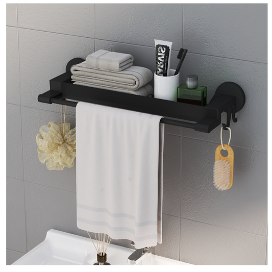 Multi function Screwless Wall Mounted Single Rod Towel Rack With Storage Space and Hook 45cm Black