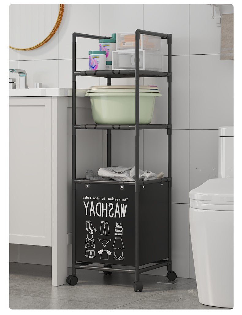3 Layer (2 Layer Shelf + 1 Layer Basket) Dirty Clothes Hamper / Basket -With Roller and Handle Tool Free Assembly