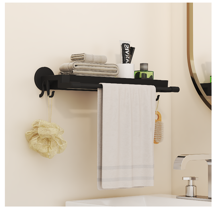 Multi function Screwless Wall Mounted Single Rod Towel Rack With Storage Space and Hook 45cm Black