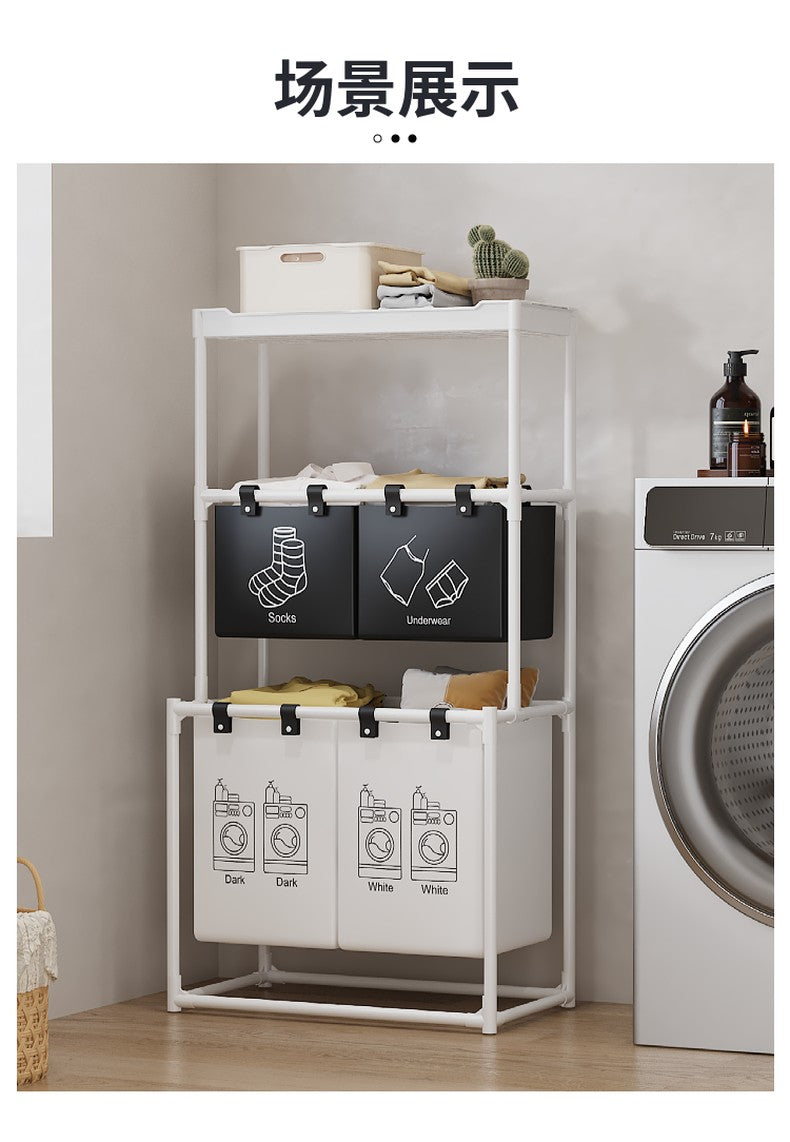 3 Layer (1 Layer Shelf +1 Layer 2 Small Basket +1 Layer Big Basket) Dirty Clothes Hamper / Basket With Roller Tool Free Assembly