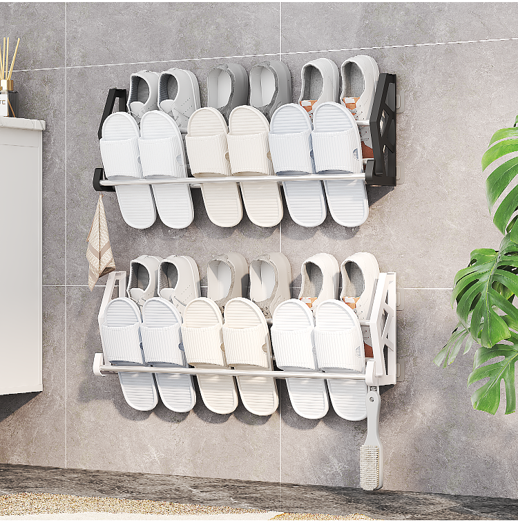 2 Layer Screwless Multi-function Behind Door /Toilet 42cm Shoe Shelf Rack With Hook Black