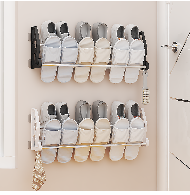 2 Layer Screwless Multi-function Behind Door /Toilet 42cm Shoe Shelf Rack With Hook Black