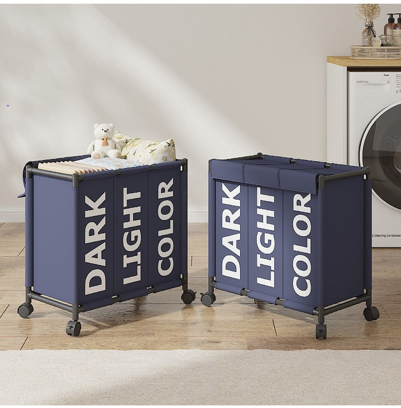 3 Compartment Dirty Clothes Hamper / Basket With Roller No Handle Tool Free Assembly