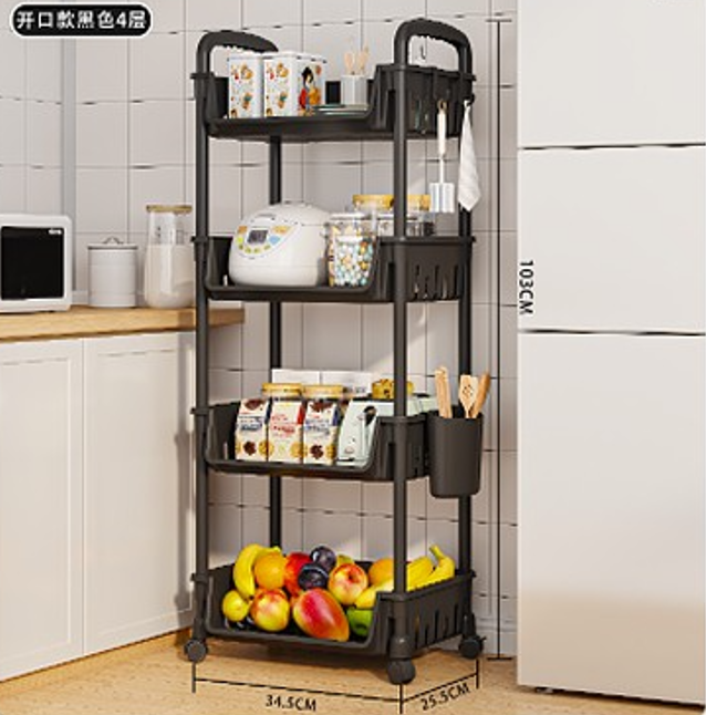 4 Layer Tool Free Assembly Multifunction One Side Open Shelves / Basket With Roller And Handle