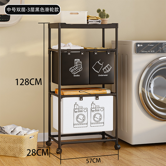 3 Layer (1 Layer Shelf +1 Layer 2 Small Basket +1 Layer Big Basket) Dirty Clothes Hamper / Basket With Roller Tool Free Assembly