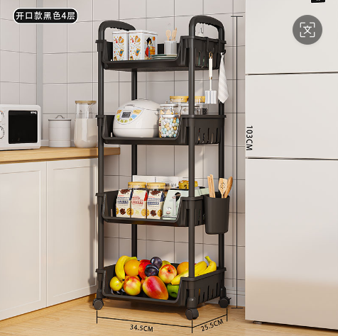 4 Layer Tool Free Assembly Multifunction One Side Open Shelves / Basket With Roller And Handle